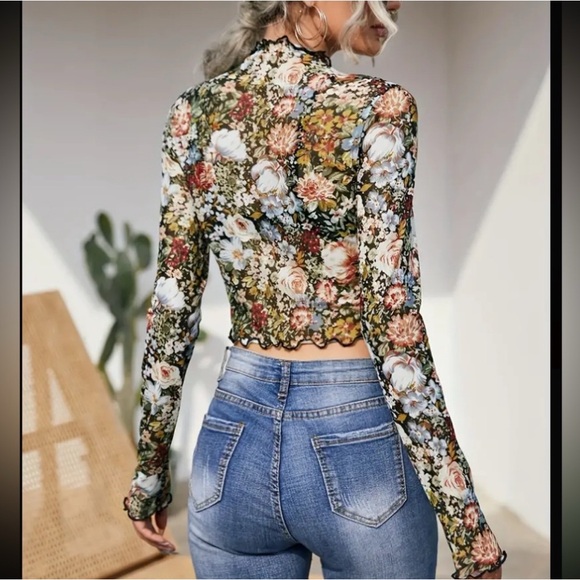 Floral Mesh Long Sleeve Sheer Tops Multiple Sizes - Picture 2 of 8